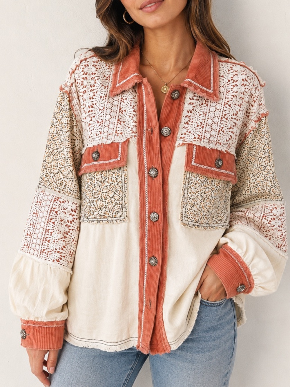POL Boho Lace Patchwork Shacket Jacket Cream Coral Medium